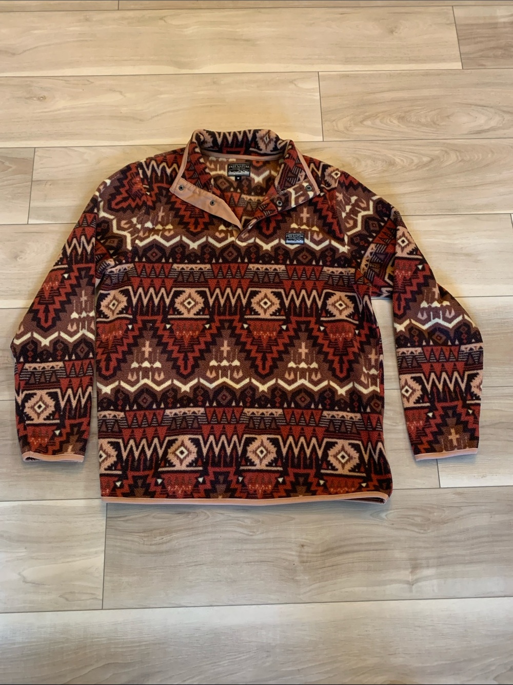 Free Nature Southwestern Geometric Snap-T Pullover - Rust, Burgundy, Cream